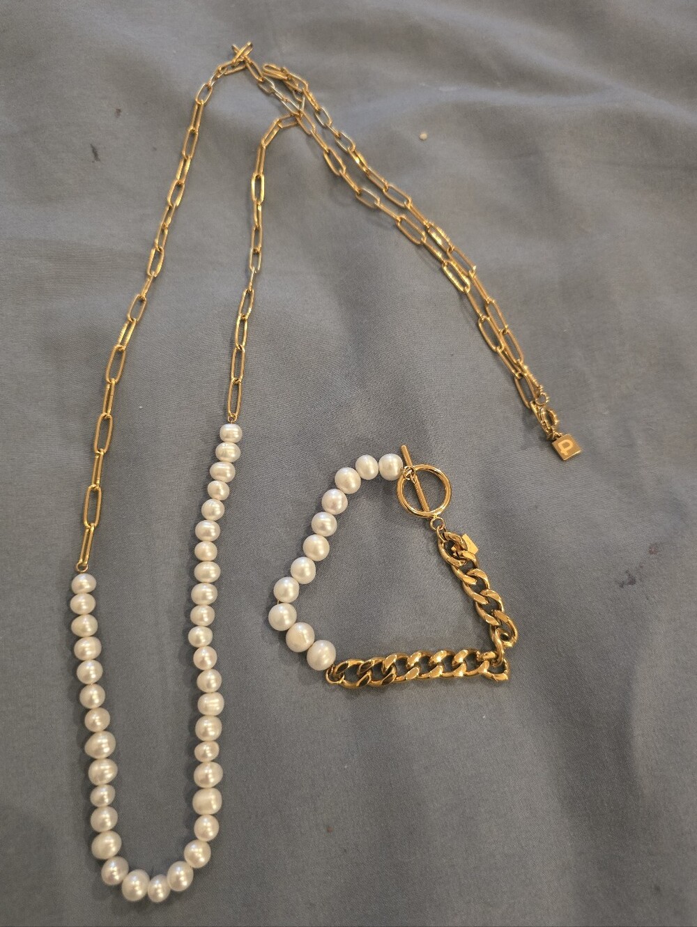 Gold Chain and White Pearl Necklace and Bracelet Set